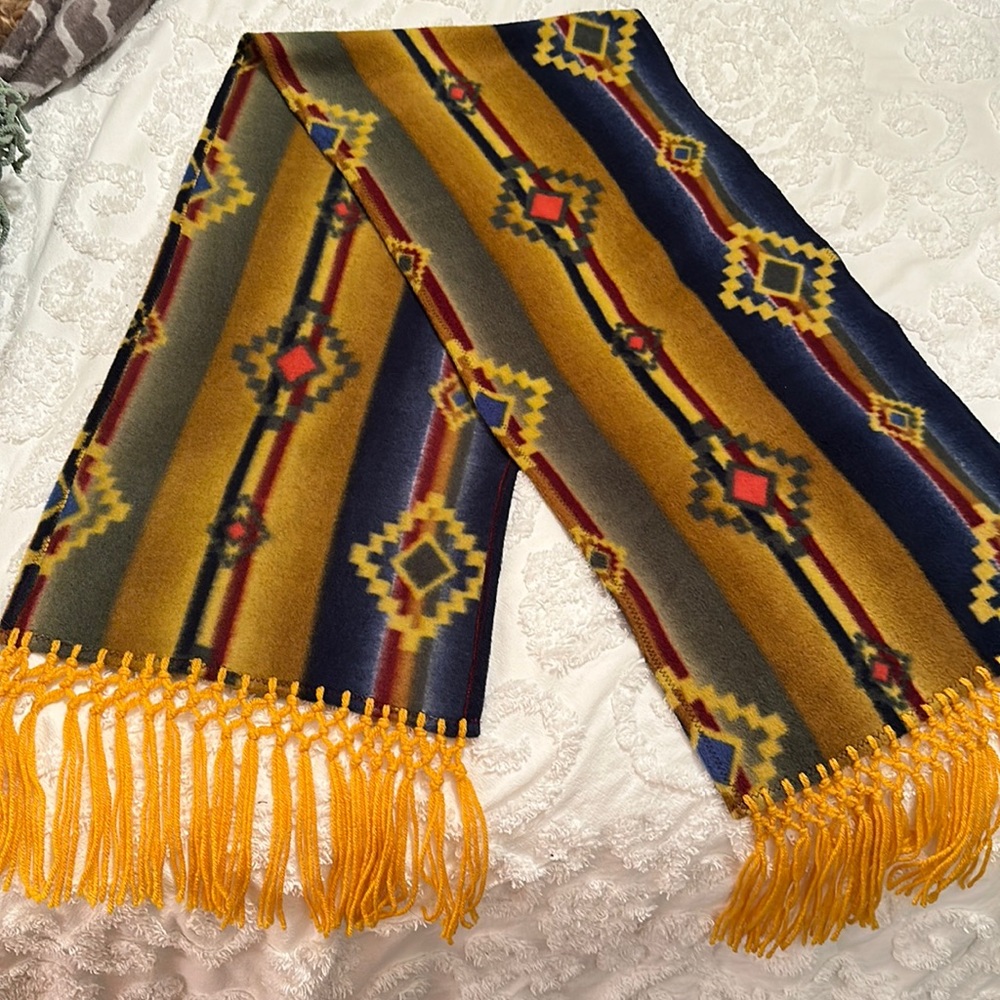 Super soft fleece Aztec southwestern blanket scarf. Multicolored mustard yellow